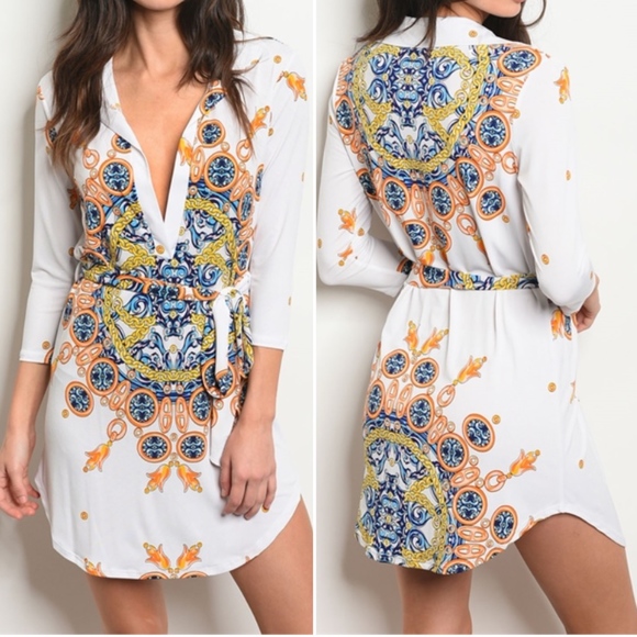 V PLUNGE WHITE PRINT DRESS & BELTED TIE AT WAIST - Picture 2 of 8